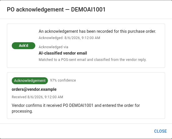 AI email acknowledgement dialog showing evidence and buyer action